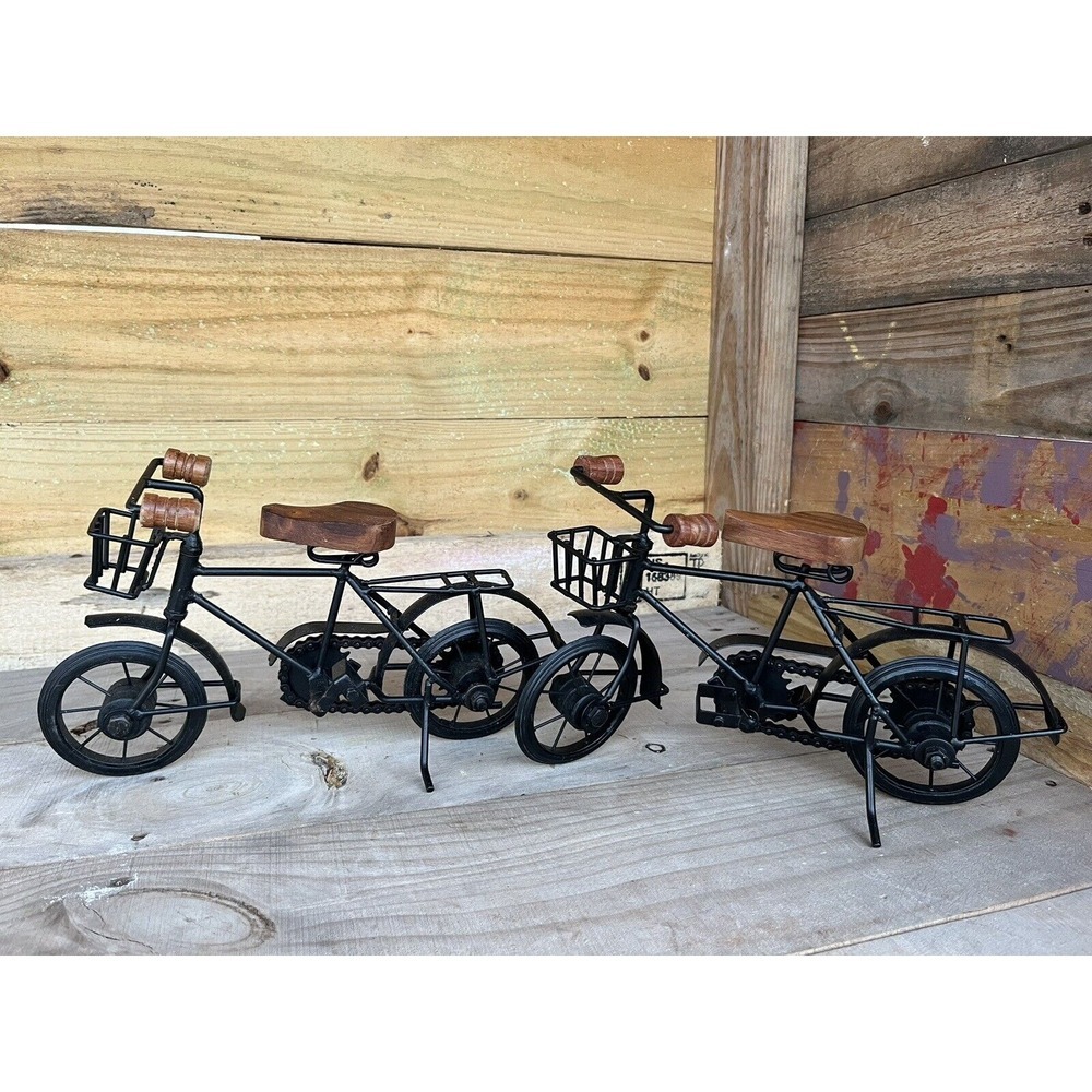 Vintage Metal Bicycle Bike‎ with Wood Seat and Handles Tabletop Décor Set Of 2